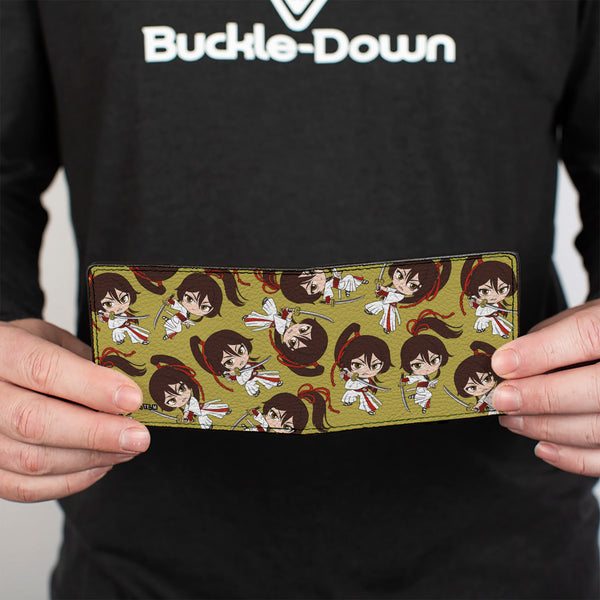 Buckle-Down Bi-Fold Wallet - Hell's Paradise Chibi Sagiri Sword Poses Scattered Golden Yellow