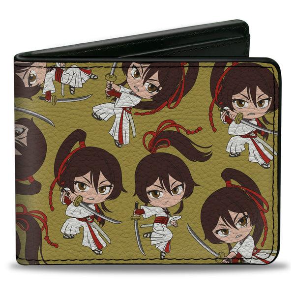 Buckle-Down Bi-Fold Wallet - Hell's Paradise Chibi Sagiri Sword Poses Scattered Golden Yellow