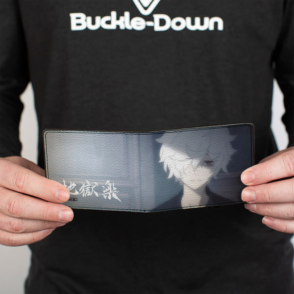 Buckle-Down Bi-Fold Wallet - Hell's Paradise Kanji Title Logo And Gabimaru Shadow Pose White