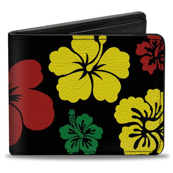 Buckle-Down Bi-Fold Wallet - Hibiscus CLOSE-UP Black Green Yellow Red