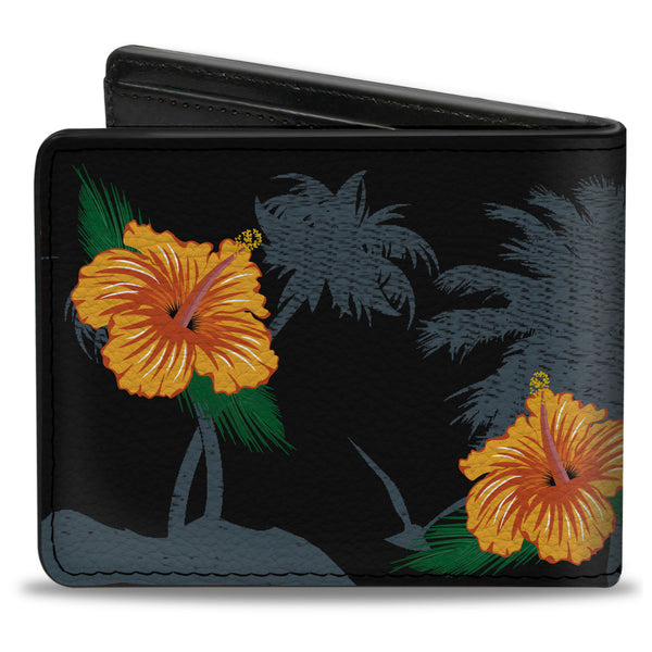 Buckle-Down Bi-Fold Wallet - Hibiscus Flowers Palm Trees Black Green Orange