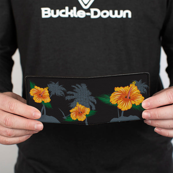 Buckle-Down Bi-Fold Wallet - Hibiscus Flowers Palm Trees Black Green Orange