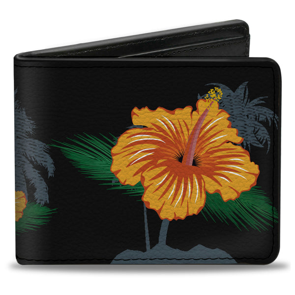 Buckle-Down Bi-Fold Wallet - Hibiscus Flowers Palm Trees Black Green Orange