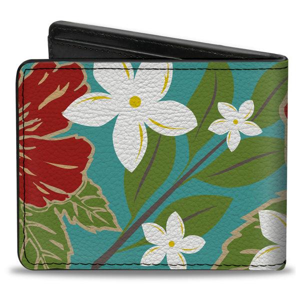 Buckle-Down Bi-Fold Wallet - Hibiscus & Plumerias Turquoise Green Red White
