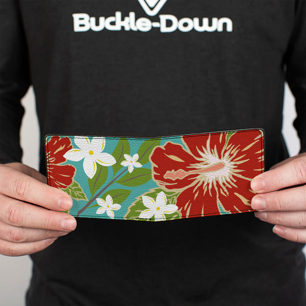 Buckle-Down Bi-Fold Wallet - Hibiscus & Plumerias Turquoise Green Red White