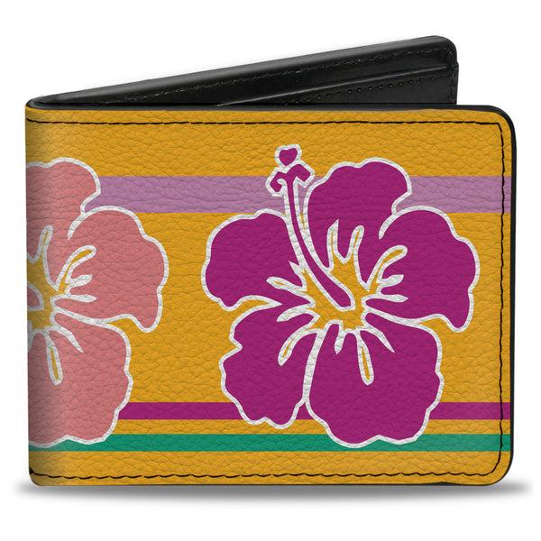 Buckle-Down Bi-Fold Wallet - Hibiscus w Stripes Gold Multi Pastel