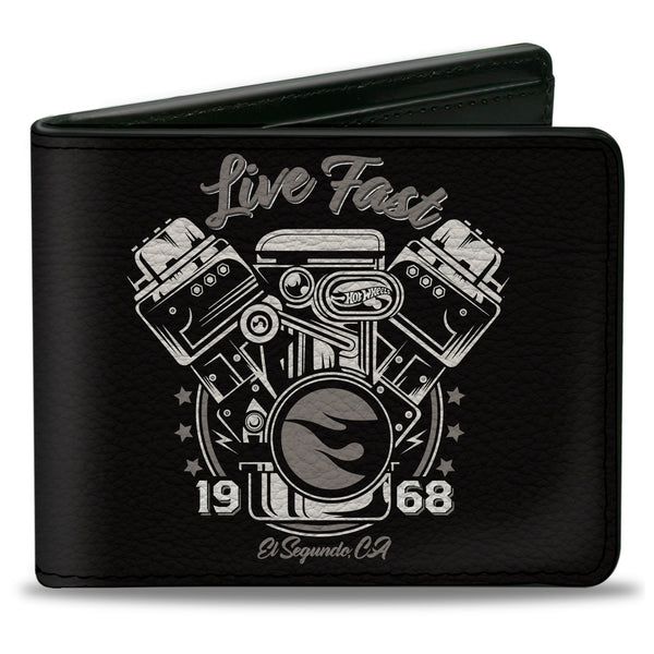 Buckle-Down Bi-Fold Wallet - Hot Wheels LIVE FAST 1968 Engine Pistons Black/Grays