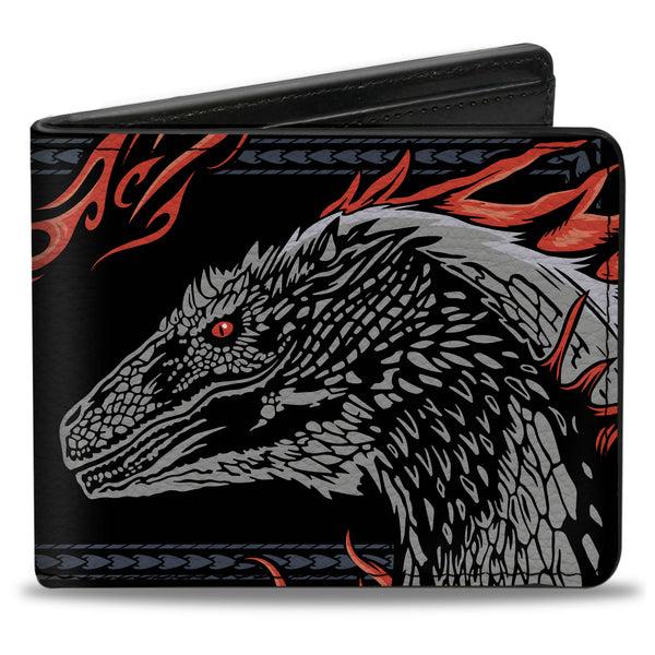 Buckle-Down Bi-Fold Wallet - HOUSE OF THE DRAGON Dragon Pose with Flames and Title Logo Black/Grays/Red