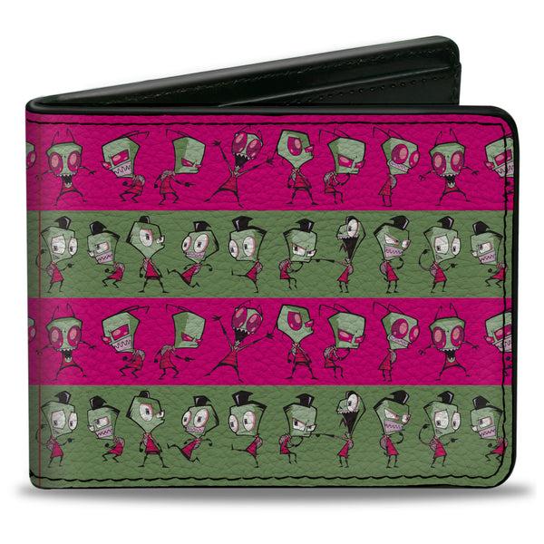Buckle-Down Bi-Fold Wallet - Invader Zim and Human Disguise Poses Stripe Pink/Green