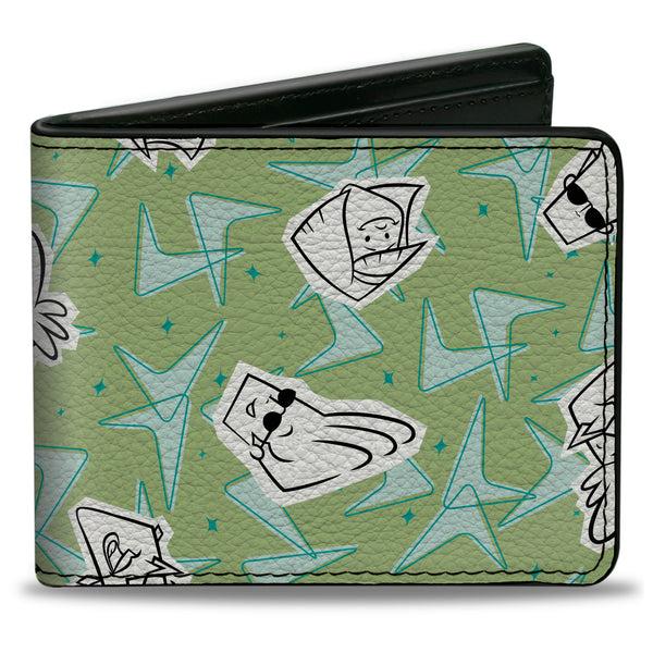 Buckle-Down Bi-Fold Wallet - Johnny Bravo Little Suzy and Bunny Bravo Faces Collage Greens