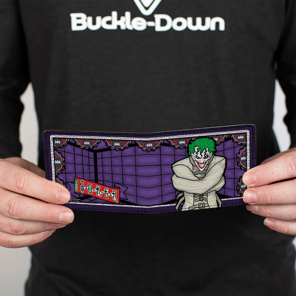 Buckle-Down Bi-Fold Wallet - Joker Stained Glass Straitjacket Pose Bat Logo Purples Red Blue White