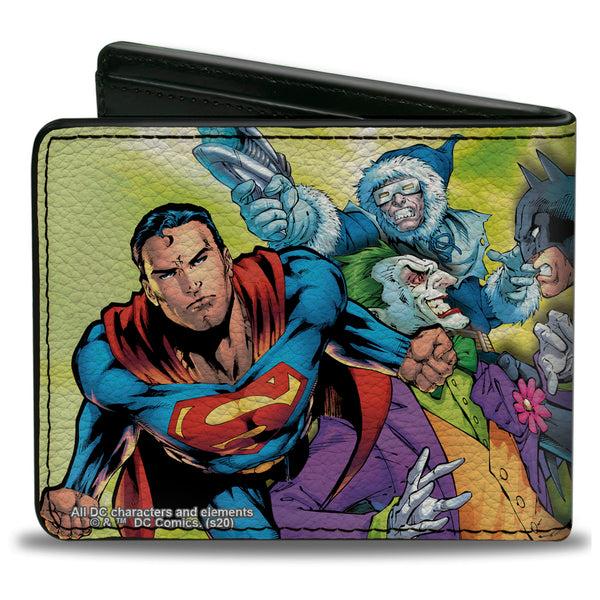 Buckle-Down Bi-Fold Wallet - Justice Leage 4-Superheroes And 2-Villains Group Pose2 Glow Burst Greens