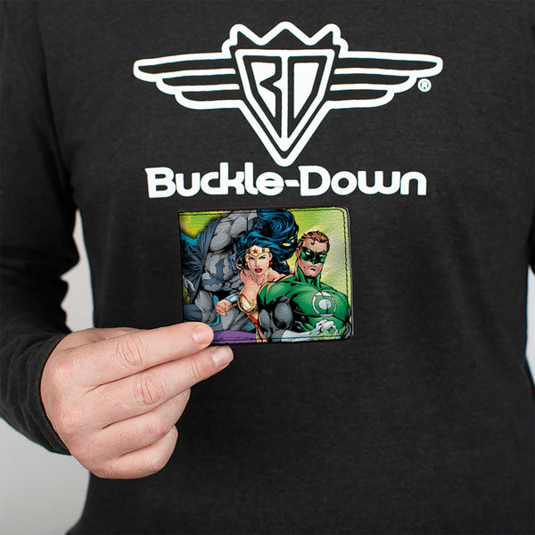 Buckle-Down Bi-Fold Wallet - Justice Leage 4-Superheroes And 2-Villains Group Pose2 Glow Burst Greens