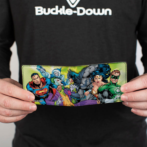 Buckle-Down Bi-Fold Wallet - Justice Leage 4-Superheroes And 2-Villains Group Pose2 Glow Burst Greens