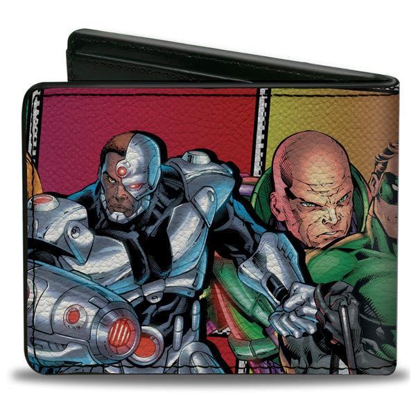 Buckle-Down Bi-Fold Wallet - Justice Leage 4-Superheroes And 2-Villains Group Pose Halftone Blocks Multi Color