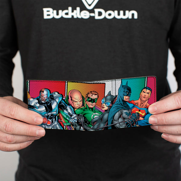 Buckle-Down Bi-Fold Wallet - Justice Leage 4-Superheroes And 2-Villains Group Pose Halftone Blocks Multi Color