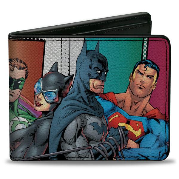 Buckle-Down Bi-Fold Wallet - Justice Leage 4-Superheroes and 2-Villains Group Pose Halftone Blocks Multi Color