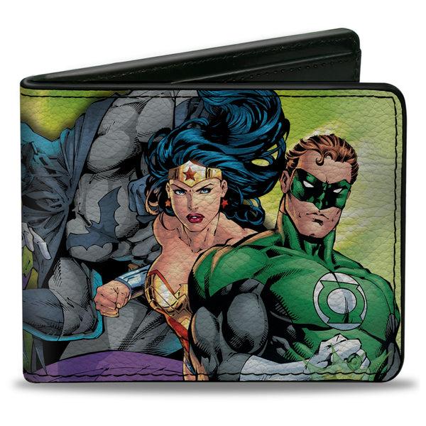 Buckle-Down Bi-Fold Wallet - Justice Leage 4-Superheroes and 2-Villains Group Pose2 Glow Burst Greens