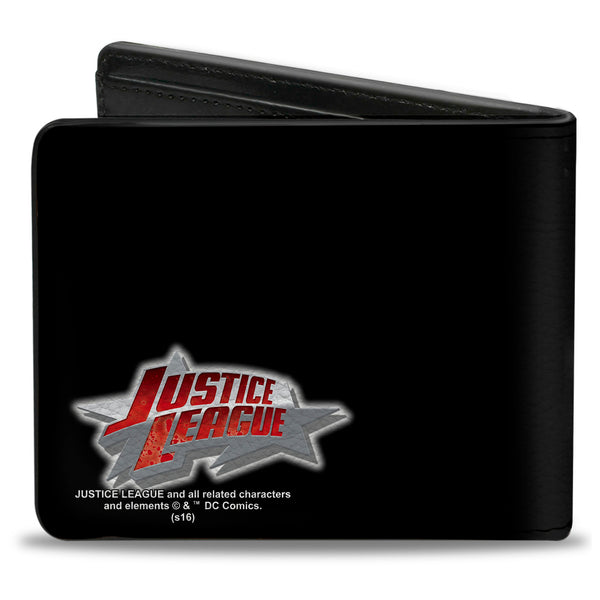 Buckle-Down Bi-Fold Wallet - Justice League 4-Superhero Group Pose Splatter + Logo Black Gray Red Multi Color