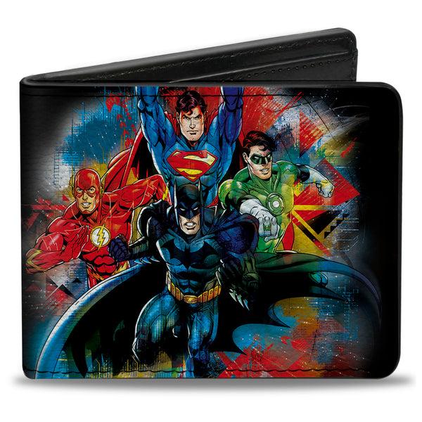 Buckle-Down Bi-Fold Wallet - Justice League 4-Superhero Group Pose Splatter + Logo Black Gray Red Multi Color