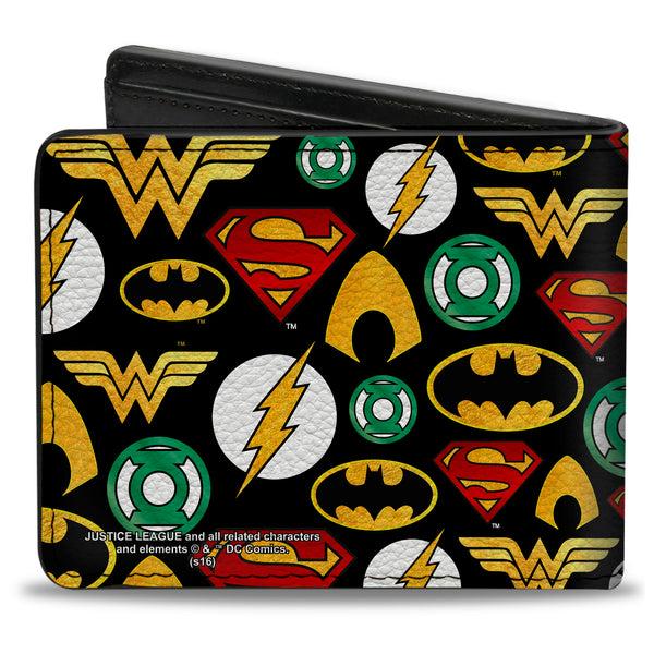 Buckle-Down Bi-Fold Wallet - Justice League 6-Superhero Logos Collage Black