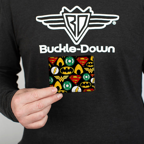 Buckle-Down Bi-Fold Wallet - Justice League 6-Superhero Logos Collage Black