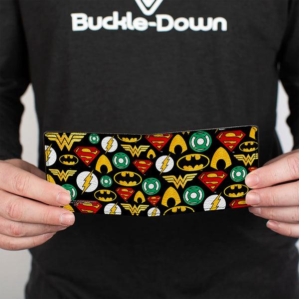 Buckle-Down Bi-Fold Wallet - Justice League 6-Superhero Logos Collage Black