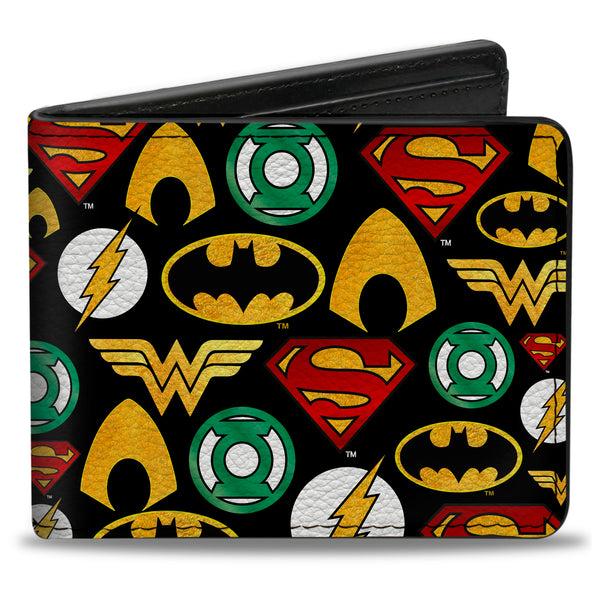 Buckle-Down Bi-Fold Wallet - Justice League 6-Superhero Logos Collage Black