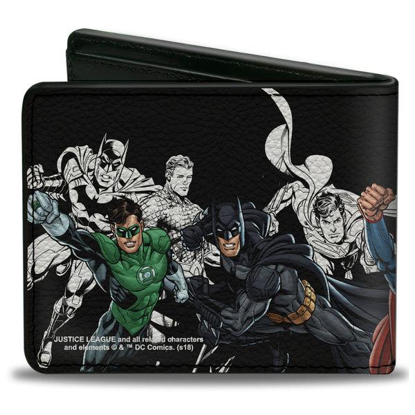 Buckle-Down Bi-Fold Wallet - Justice League New 52 5-Superhero Double Action Poses Black White Full Color