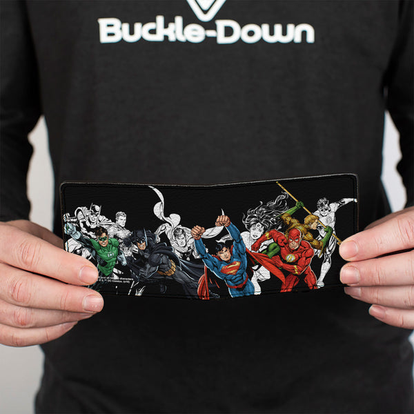 Buckle-Down Bi-Fold Wallet - Justice League New 52 5-Superhero Double Action Poses Black White Full Color