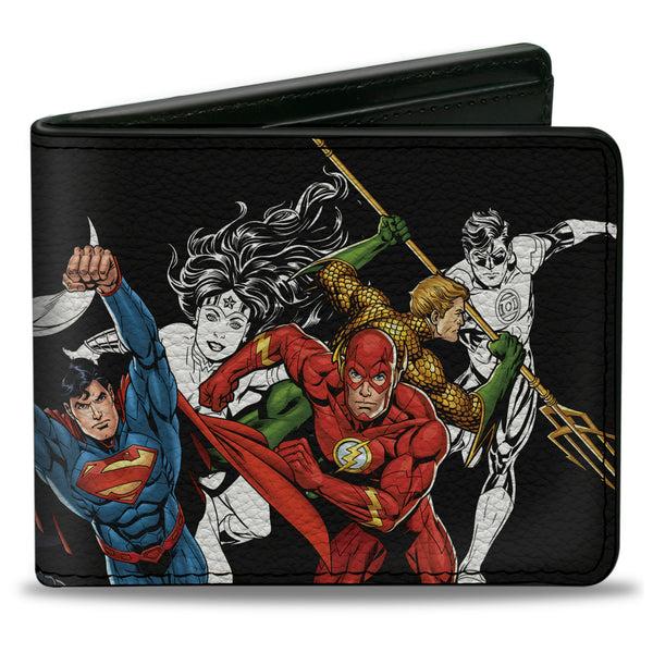 Buckle-Down Bi-Fold Wallet - Justice League New 52 5-Superhero Double Action Poses Black White Full Color