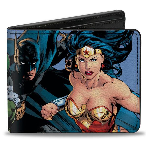 Buckle-Down Bi-Fold Wallet - Justice League New 52 5-Superhero Group Action Poses Sky Blue