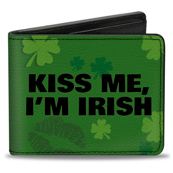 Buckle-Down Bi-Fold Wallet - KISS ME I'M IRISH Clovers Kisses Greens Black