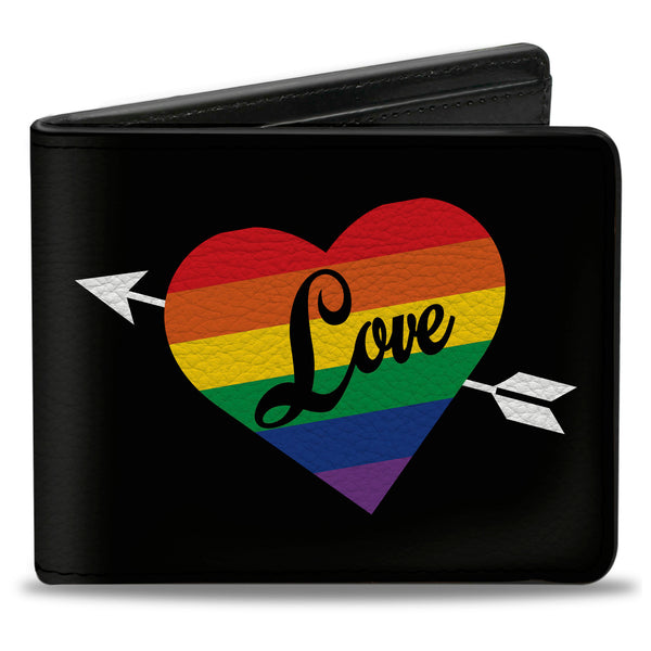 Buckle-Down Bi-Fold Wallet - LOVE Rainbow Stripe Heart Black Multi Color