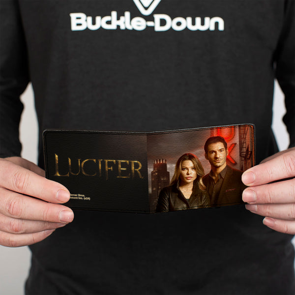 Buckle-Down Bi-Fold Wallet - LUCIFER Title Logo And Detective Chloe Lux Nightclub Pose
