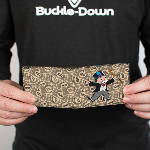 Buckle-Down Bi-Fold Wallet - Mr. Monopoly Rich Uncle Pennybags Pose 100 Money Bills Stacked