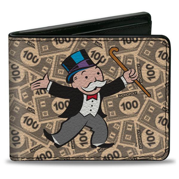 Buckle-Down Bi-Fold Wallet - Mr. Monopoly Rich Uncle Pennybags Pose 100 Money Bills Stacked