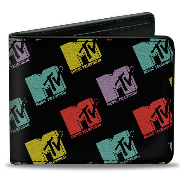 Buckle-Down Bi-Fold Wallet - MTV Music Television Logo Monogram Black/Multi Color