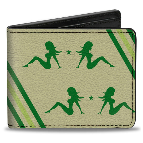Buckle-Down Bi-Fold Wallet - Mud Flap Girls w Stripes Tan Green Lime Green