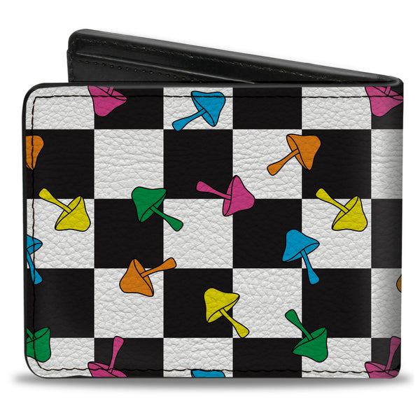 Buckle-Down Bi-Fold Wallet - Mushrooms Scattered Checker Black White Multi Neon