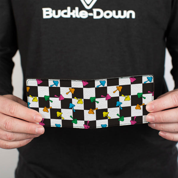 Buckle-Down Bi-Fold Wallet - Mushrooms Scattered Checker Black White Multi Neon