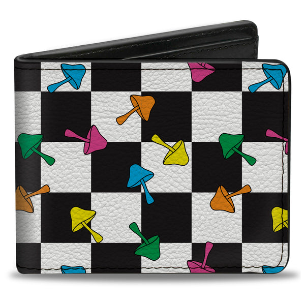 Buckle-Down Bi-Fold Wallet - Mushrooms Scattered Checker Black White Multi Neon