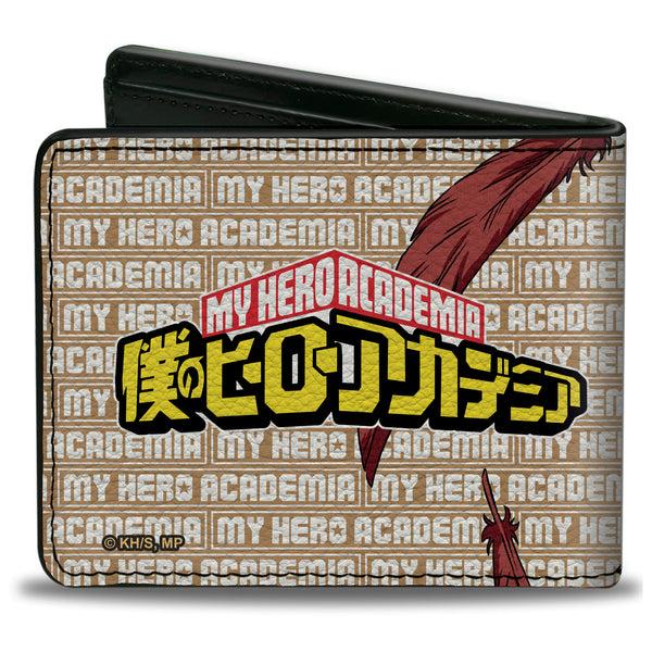 Buckle-Down Bi-Fold Wallet - MY HERO ACADEMIA Hawks Pose With Text And Title Logo Tan/White