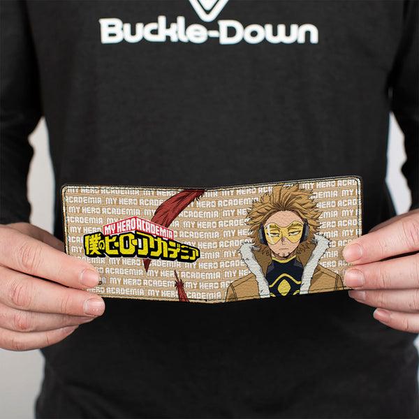 Buckle-Down Bi-Fold Wallet - MY HERO ACADEMIA Hawks Pose With Text And Title Logo Tan/White