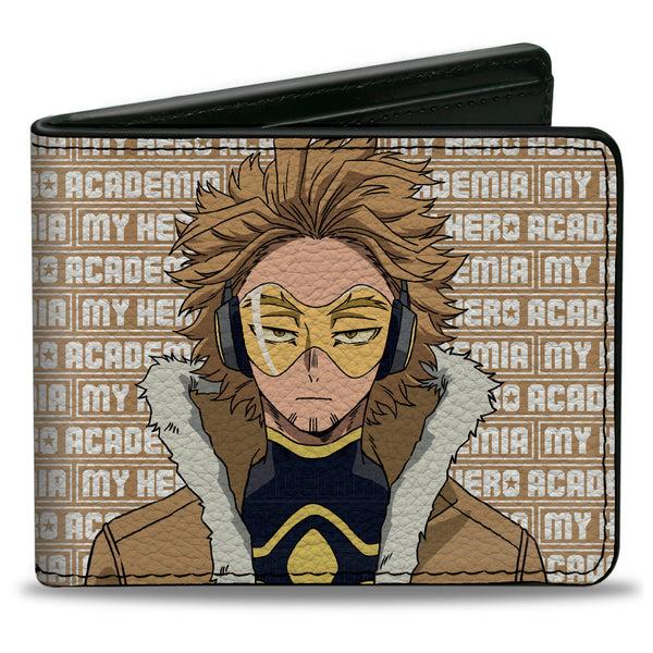 Buckle-Down Bi-Fold Wallet - MY HERO ACADEMIA Hawks Pose with Text and Title Logo Tan/White
