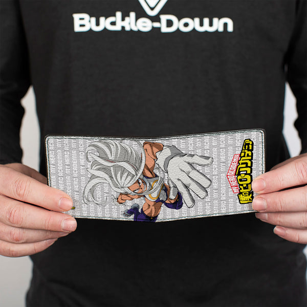 Buckle-Down Bi-Fold Wallet - MY HERO ACADEMIA Rumi Usagiyama Pose With Text And Title Logo Gray/White