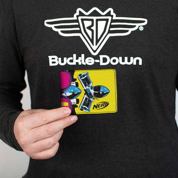 Buckle-Down Bi-Fold Wallet - NERF Vortex And Blaster Sunglasses Collage Yellow/Pink/Blue