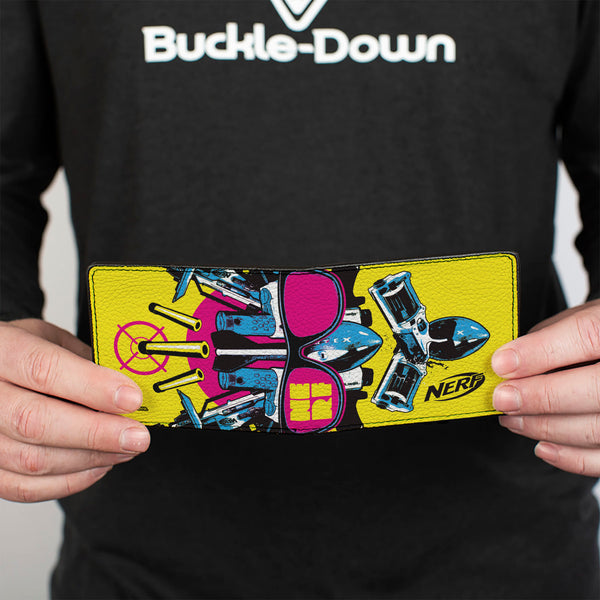 Buckle-Down Bi-Fold Wallet - NERF Vortex And Blaster Sunglasses Collage Yellow/Pink/Blue
