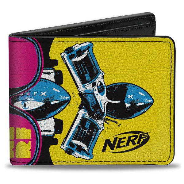 Buckle-Down Bi-Fold Wallet - NERF Vortex and Blaster Sunglasses Collage Yellow/Pink/Blue