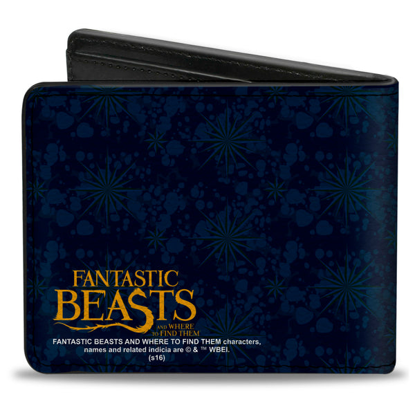 Buckle-Down Bi-Fold Wallet - NEWT SCAMANDER NS Monogram + FBAWTFT Logo Blues Gold